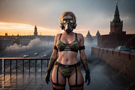 Hot Sexy Military Babe Wearing Underwear and Gas Mask in Russia Street.  City on Fire. Generative AI. Stock Illustration | Adobe Stock
