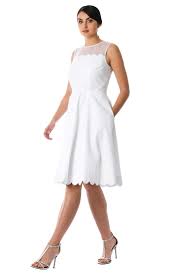 Illusion Scalloped Cotton Poplin Dress Flared Skirt Dress Poplin Dress Fit N Flare Dress