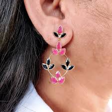 Natural Ruby & Blue Sapphire Earrings, Solid Gold Earrings, Multi Stone  Floral Earrings, Dainty and Sapphire Stud Earrings, Birthday Present