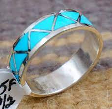 Item 745f Zuni Turquoise Zig Zag Inlay Ring Band Multiple Sizes Men S And Women S Wedding Bands Ring Bands Eagle Rock Trading Post Native American Jewel Navajo Jewelry Rings Turquoise Wedding