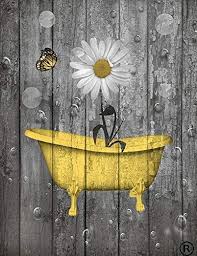 Amazon Com Yellow Gray Rustic Bathroom Wall Art Daisy Flower Butterfly Bubbles Littlepiecreations Han Bathroom Wall Art Rustic Bathroom Wall Decor Pictures
