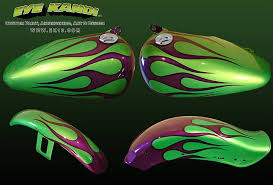 Green Pearl With Purple Pearl Black Edged Flames Motorcycle Custom Paint Set By Eye Kandi Via Fli Custom Paint Motorcycle Gas Tank Paint Motorcycle Paint Jobs