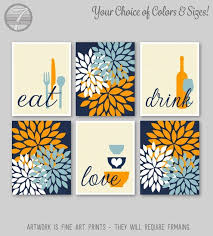 Kitchen Wall Art Print Set Eat Drink Love Flower Bursts Navy Mute Blue Orange Cream Modern Kitchen Decor Set Of 6 Prints Or Canvas Kitchen Wall Art Kitchen Decor Modern Art