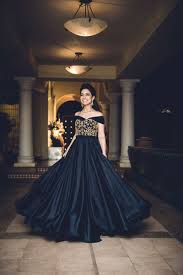Stunning Royal Blue Off Shoulder Gown With Gold Work For A Pre Wedding Function Vandya Arjun Wedmegood Wedmeg Indian Wedding Gowns Gowns Gown Party Wear