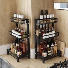 2 tiers kitchen organiser adjustable metal rack microwave shelf holder with hook. 3 Tier Metal Kitchen Spice Rack Countertop Standing Corner Shelf Removable Seasoning Organizer Jars Bottle Storage Knife Utensils Holder With 3 Hooks Black Lazada Ph