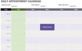 Daily appointment calendar (week view) keep track of your time with this daily appointment calendar template which adjusts for the starting time and time intervals you specify. Daily Appointment Calendar Template Excel Templates