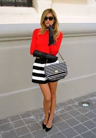 Black And White Striped Skirt Outfit Ideas Present Posh Red Fitted Sweater Black White Striped Skater Skirt Stripped Chain Purse Black Heels Gloves Red Lip T Fashion Fashion Trends Street Style Looks