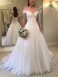 A Line Princess Off The Shoulder Sleeveless Sweep Brush Train Ruched Tulle Wedding Dresses Princess Wedding Dresses Summer Wedding Dress Outdoor Wedding Dress