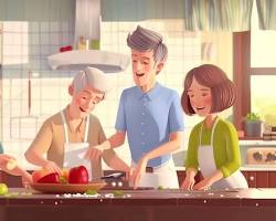 تصویر family cooking and laughing together in an open kitchen