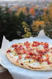 French Pizza Delectable Pizza Known As Tarte Flambee Or Flammkuchen In German It S A Thin Crusted Pizza Topped With A Cream Recipes Food Austrian Recipes
