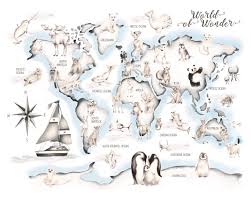 Grey And Blue Animal World Map Print Nursery World Map Baby Etsy World Map Wall Art Sailboat Wall Art Map Wall Art