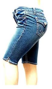 La Idol Premium Rhinestone Womens Missy Plus Size Blue Curvy Denim Jeans Bermuda Shorts