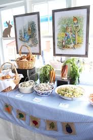 Any suggestions/ideas are much welcomed! Peter Rabbit Party Theme The Well Dressed Table Rabbit Baby Shower Baby Shower Decorations For Boys Rabbit Themed Baby Shower