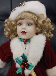 Porcelain Doll, Christmas Holly, Blonde Hair And Blue Eyes, Red Dress, 16  Inch