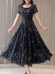 Black Modest A Line Round Neck Pattern Chiffon Casual Dresses Style V100369 In 2020 Floral Maxi Dress Floral Chiffon Maxi Dress Dresses