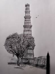 Qutub Minar Pen Sketch In 2020 Pen Sketch Drawings India Architecture