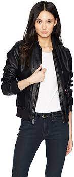 Levi S Women S Two Pocket Faux Leather Hooded Bomber Jacket Black Small At Amazon Women S Co Leather Jackets Women Hooded Bomber Jacket Bomber Jacket Fashion