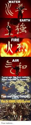 Water Earth Fire Air Long Ago The Four Nations Lived Together In Harmonys Then Everything Changed When The Winger Huss Rsarwe Fire Meme On Me Me