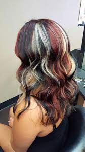 Black Red And Blonde Hair Pinwheel Technique Pinwheel Hair Color Hair Color Highlights Blonde Hair Color