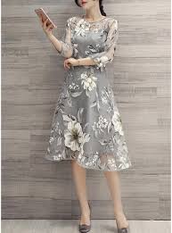 Print Floral 3 4 Sleeves A Line Knee Length Vintage Casual Elegant Dresses Gaun Kebaya Modern Gaun Pakaian