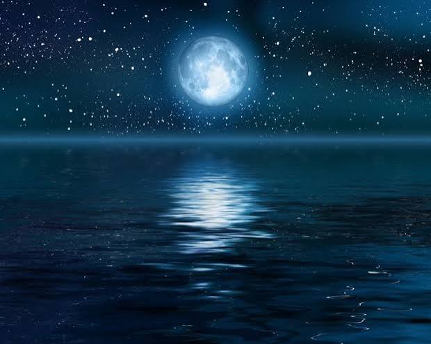 moon reflection illustration: full moon over blue water beauty