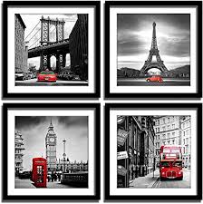 Decorate a white bedspread with colorful red and tan pillows that feature ornate patterns. Englant 4 Piece Canvas Wall Art Framed Black White Red Wall Decor Landscape Poster With Eiffel Tower Brooklyn Bridge London Big Ben Picture For Bedroom And Bathroom Amazon De Alle Produkte