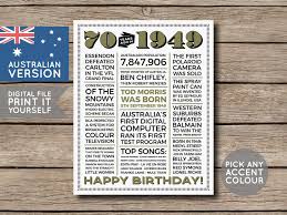 Australian 70th Birthday Poster Personalised 1949 Poster Newspaper 70 Years Ago 70th Birthday Gift Digital Printable File Birthday Poster 70th Birthday Gifts 70th Birthday