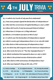 In this quiz, you will find fresh and interesting random trivia questions and answers, and you will … 100 Fourth Of July Trivia Questions Answers Meebily