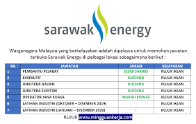 Dapatkan kerja dan jawatan kosong kerajaan dan swasta seluruh negeri di malaysia yang menawarkan gaji tinggi dan lumayaan dan terbaik. Mohon Online Pelbagai Jawatan Kosong Terkini Ditawarkan Di Sarawak Energy Sayang Sandakan
