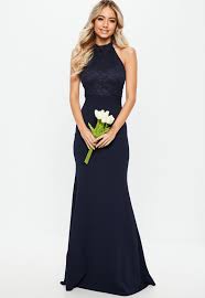 Missguided Navy Halterneck Lace Insert Fishtail Dress Fancy Dresses Long Fishtail Bridesmaid Dresses