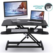 Diy standing desk converter with storage space. Standing Desk Converter Electric Powered Lifting Standing Up Desk Converter Abox 34 Height Adjustable Sit Stand Desk Riser Dual Monitors Removable Keyboard Tray Black Walmart Canada