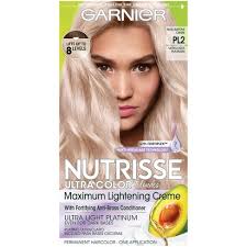 * * instrumental test vs before. Garnier Nutrisse Ultra Color Blondes Maximum Lightening Creme Ultra Light Platinum Target