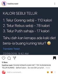 Sebagai contoh, sebiji telur rebus mempunyai sebanyak 77 kalori dan 5.3 gram lemak, berbanding 90 kalori dan 7. Wordless Wednesday Kalori Sebiji Telur Life With Love