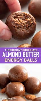 Think beyond eating almond butter straight from the jar. 4 Ingredient Healthy Almond Butter Chocolate Balls Recipe Paleo Energy Balls Healthy Almond Butter Almond Butter Recipes Energy Ball Recipe