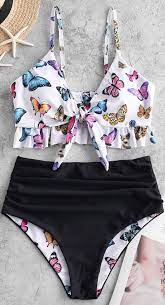 Reversible Butterfly Print Ruffle Tied Tankini Swimwear Trendy Swimsuits Cute Swimsuits Swimsuits