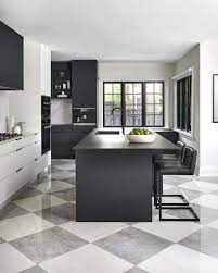 Black And White Kitchen With Checkered Flooring White Kitchen Tiles White Tile Kitchen Floor Checkered Floor Kitchen