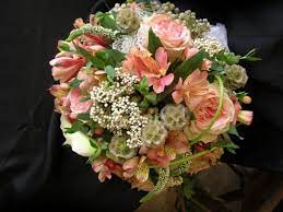 Bridal Bouquet With Peach Roses Alstroemeria Berries White Veronica And Calla Lilies Pods And Ri Vintage Bridal Bouquet White Bridal Bouquet Bridal Bouquet