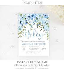 Baby Shower Invitation Template Printable Blue Flowers And Silve Baby Shower Invitations For Boys Boy Baby Shower Invitations Printable Baby Shower Invitations