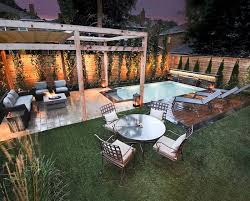 Sofa And Armchairs A Table With Four Garden Chairs And Three Sunbeds In A Yard With Green Grass And Beige Small Pool Design Small Backyard Pools Backyard Pool