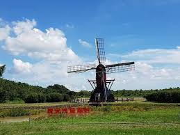 The red windmill from holland towers over the grass with a pair of giant clogs in front; å®£å‚³2017å¾·å…ƒåŸ¤è·è˜­æ'é¢¨è»Šç¯€ è·è˜­é¢¨è»Šé¦–æ¬¡å¤§å…¬é–‹ 10æœˆ1æ—¥å®˜æ–¹è‡‰æ›¸ç·šä¸Šç›´æ'­ å°å—æ—…éŠç¶²
