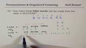 How many permutations of 4 different letters are there, chosen from the twenty six letters of the alphabet (repetition is not allowed)? How Many Three Letter Words Can Be Made From Success Permutations Youtube
