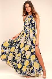 Precious Memories Navy Blue And Yellow Floral Print Maxi Dress Yellow Maxi Dress Blue And Yellow Dress Long Dresses Casual Maxi