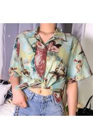 Prada silk button up shirt / floral purple pink and orange print. Womens Hot Popular Summer Vintage Green Cute Angel Baby Printed Short Sleeve Casual Button Shirt Beautifulhalo Com