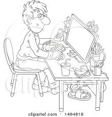 Birds clip art black and white. Clipart Of A Black And White Man Working At A Home Office Desk Royalty Free Vector Illustration By Alex Bannykh 1494818