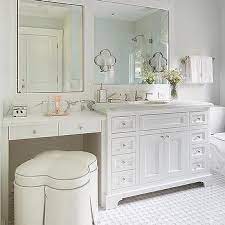 This table has been put into the corner so the wall next to it can be used for two small shelves. Built In Make Up Vanity Design Ideas