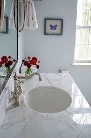 Many stone suppliers publishing carrera marble products. White Carrera Marble Countertop Transitional Bathroom Benjamin Moore Seafoam Teresa Meyer Interiors