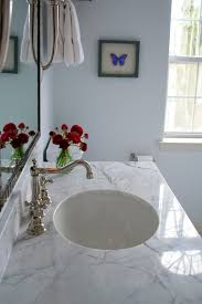 Many stone suppliers publishing carrera marble products. White Carrera Marble Countertop Transitional Bathroom Benjamin Moore Seafoam Teresa Meyer Interiors