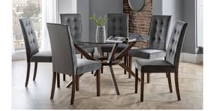 Seating chair glide for dining chairs rustic leather room round glass table and 4 set tempered glass round dining table set thailand modern room white and grey silver specific use chairs. Chelsea Large Round Glass Table With 6 Madrid Grey Velvet Chairs The Place For Homes