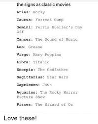 Scorpios are the dark, mysterious, and bafflingly enticing sign of the zodiac. The Signs As Classic Movies Aries Rocky Taurus Forrest Gump Gemini Ferris Bueller S Day Off Cancer The Sound Of Music Leo Grease Virgo Mary Poppins Libra Titanic Scorpio The Godfather Sagittarius Star