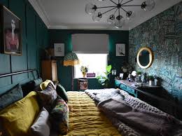 Maximalist Dark And Moody Green And Yellow Bedroom Yellow Bedroom Blue Green Bedrooms Eclectic Bedroom